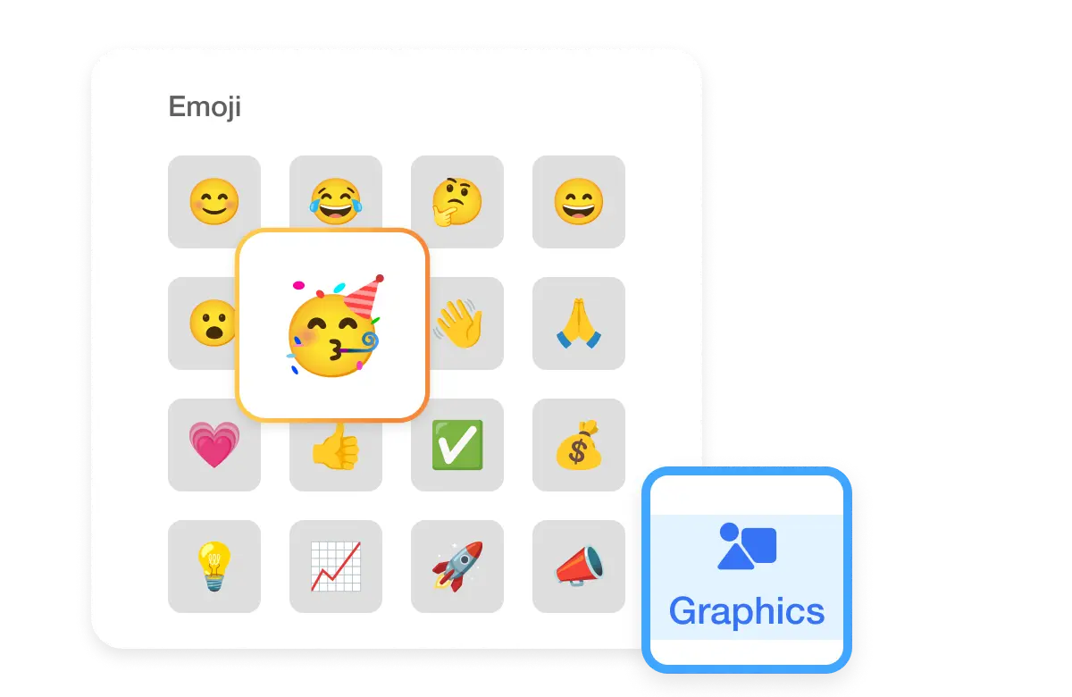 Incorporating Emojis: Interface feature for 'Add Graphic to Video,' showcasing a selection of emoji graphics that can be added to videos, with text guidance on enhancing content with emotional icons.